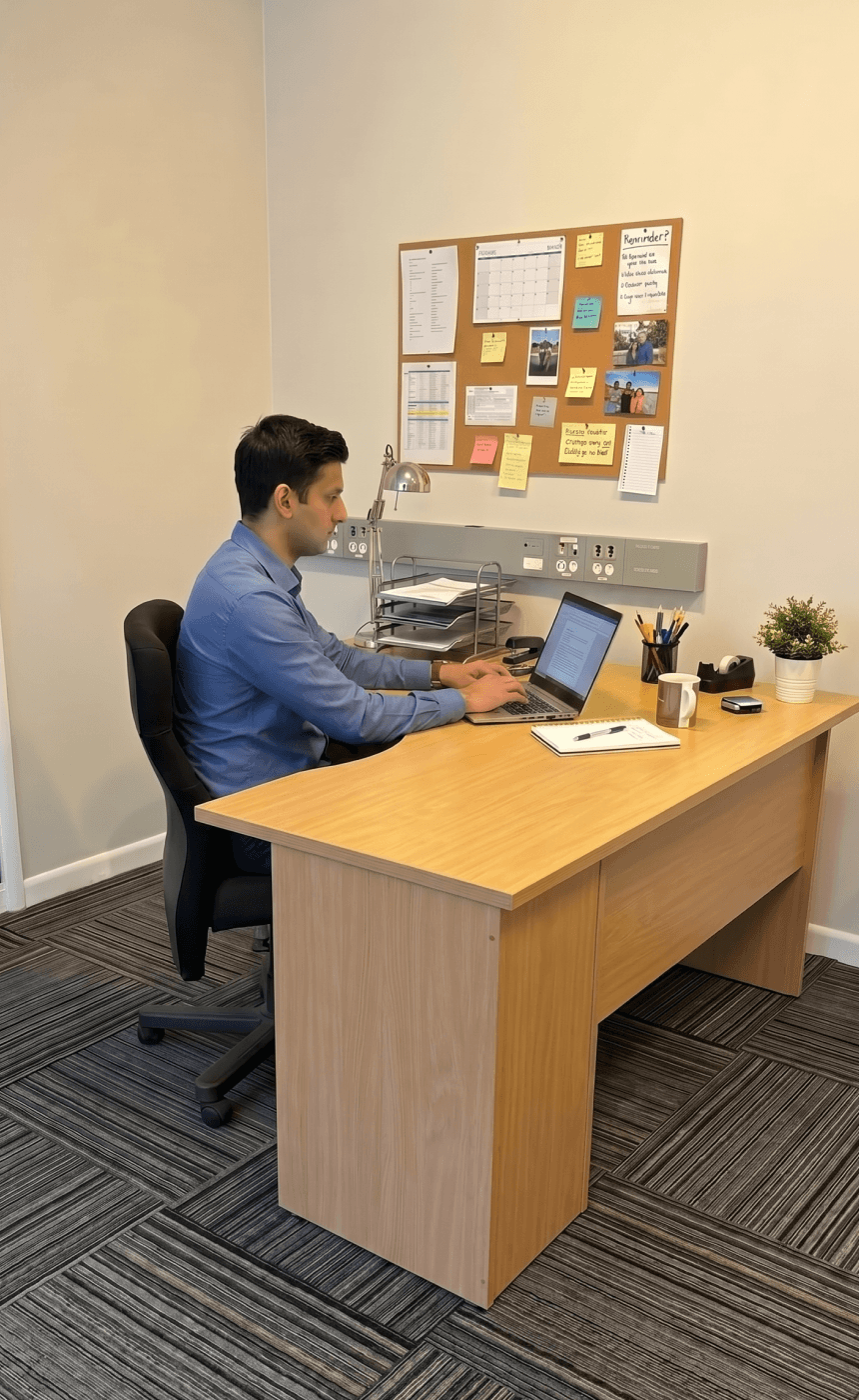 Dedicated desk workspace with laptop and office essentials